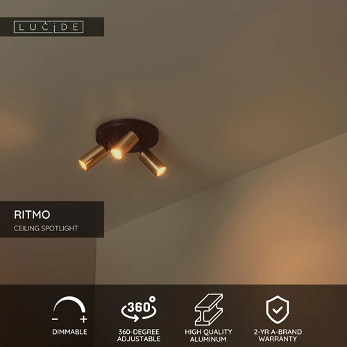 Lucide RITMO - Ceiling spotlight - Ø 18 cm - 3xGU10 (MR11) - Matt Gold / Brass - USP